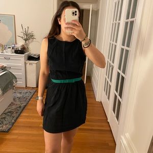 Marine blue dress with green belt detail